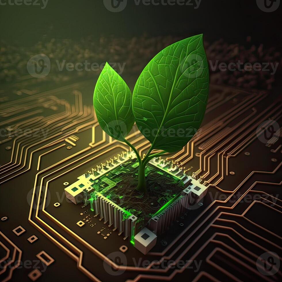 Growing tree on the converging point of acomputer circuit board. Nature with Digital Convergence and Technological Convergence. Green Computing, Green Technology, Green IT, csr, photo
