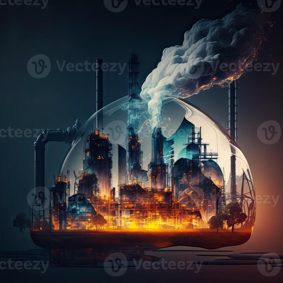 ilustración petróleo y gas planta con Envío cargando muelle a crepúsculo.procesamiento petróleo producto edificio de químico petróleo fábrica, pesado industrial sector. generativo ai foto