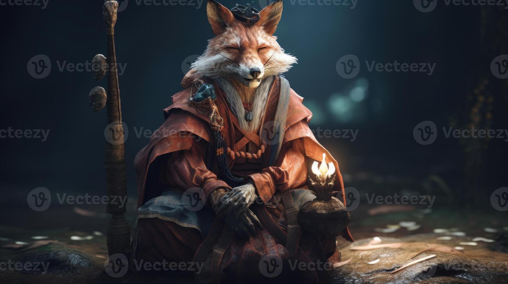 Shotfox anthropomorphism shaman wizard sitting on jungle photo