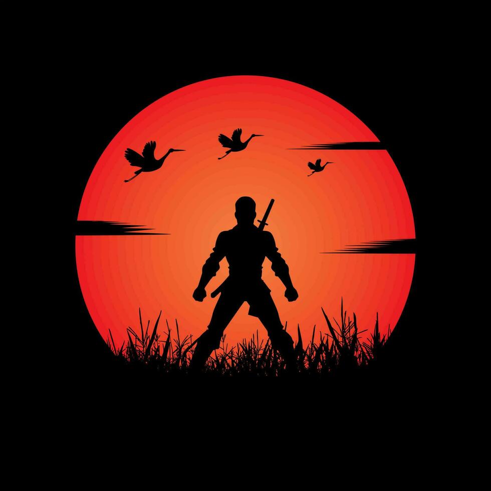 Ninja, Assassin, Samurai training at night on a full moon vector