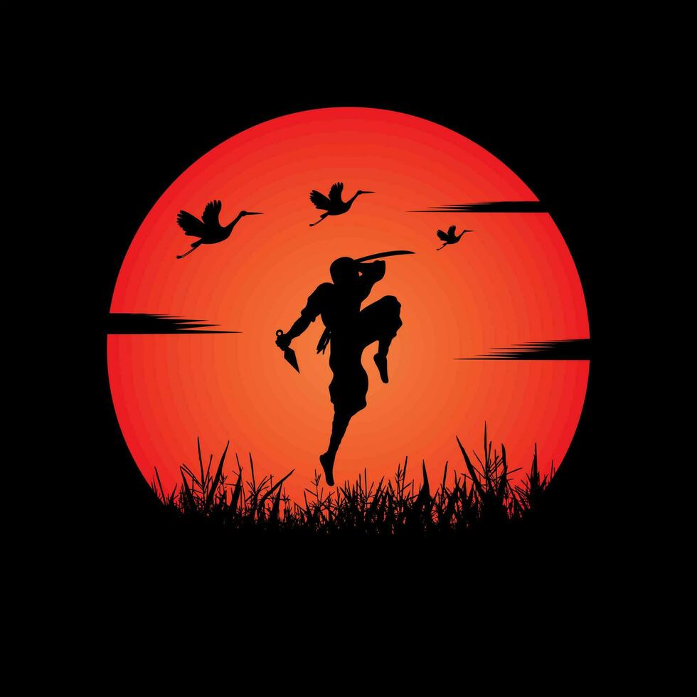 Ninja, Assassin, Samurai training at night on a full moon vector