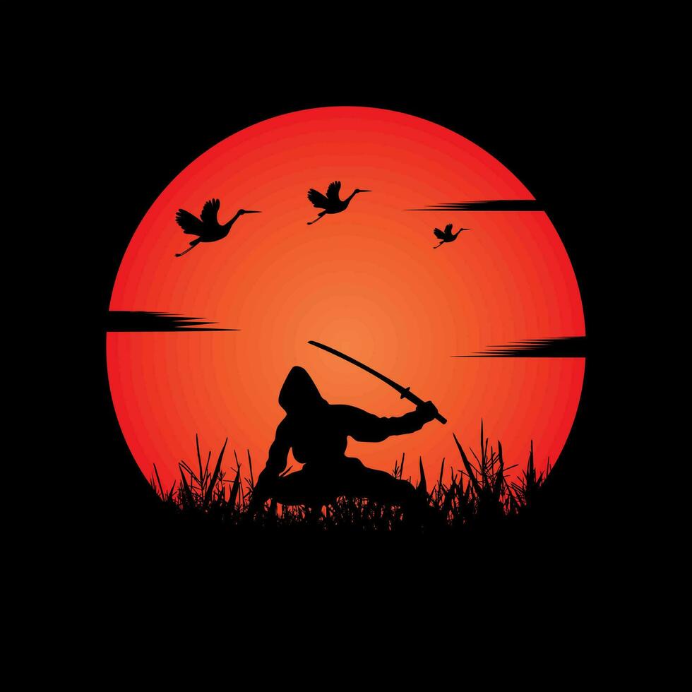 Ninja, Assassin, Samurai training at night on a full moon vector