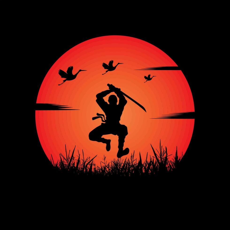 Ninja, Assassin, Samurai training at night on a full moon vector