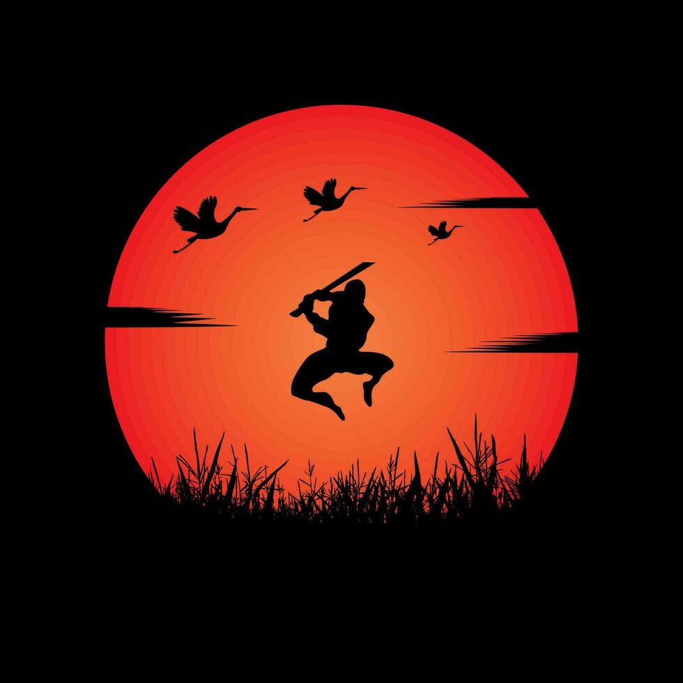 Ninja, Assassin, Samurai training at night on a full moon vector