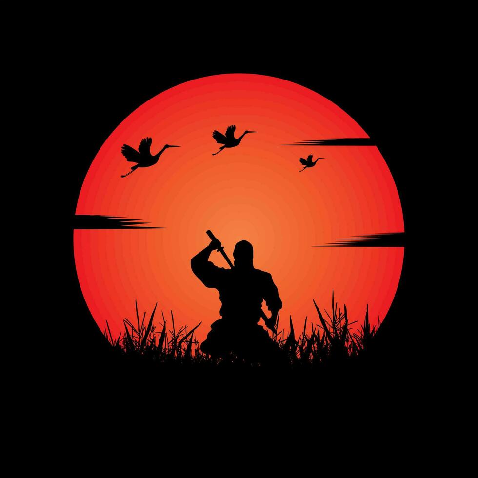 Ninja, Assassin, Samurai training at night on a full moon vector