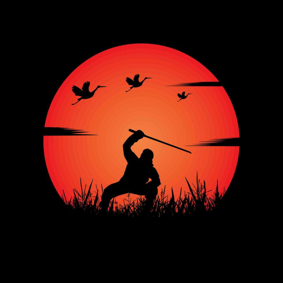 Ninja, Assassin, Samurai training at night on a full moon vector
