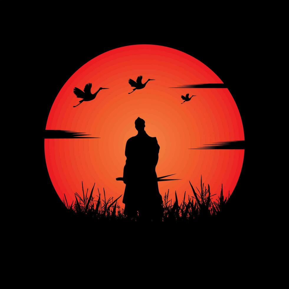 Samurai training at night on a full moon vector