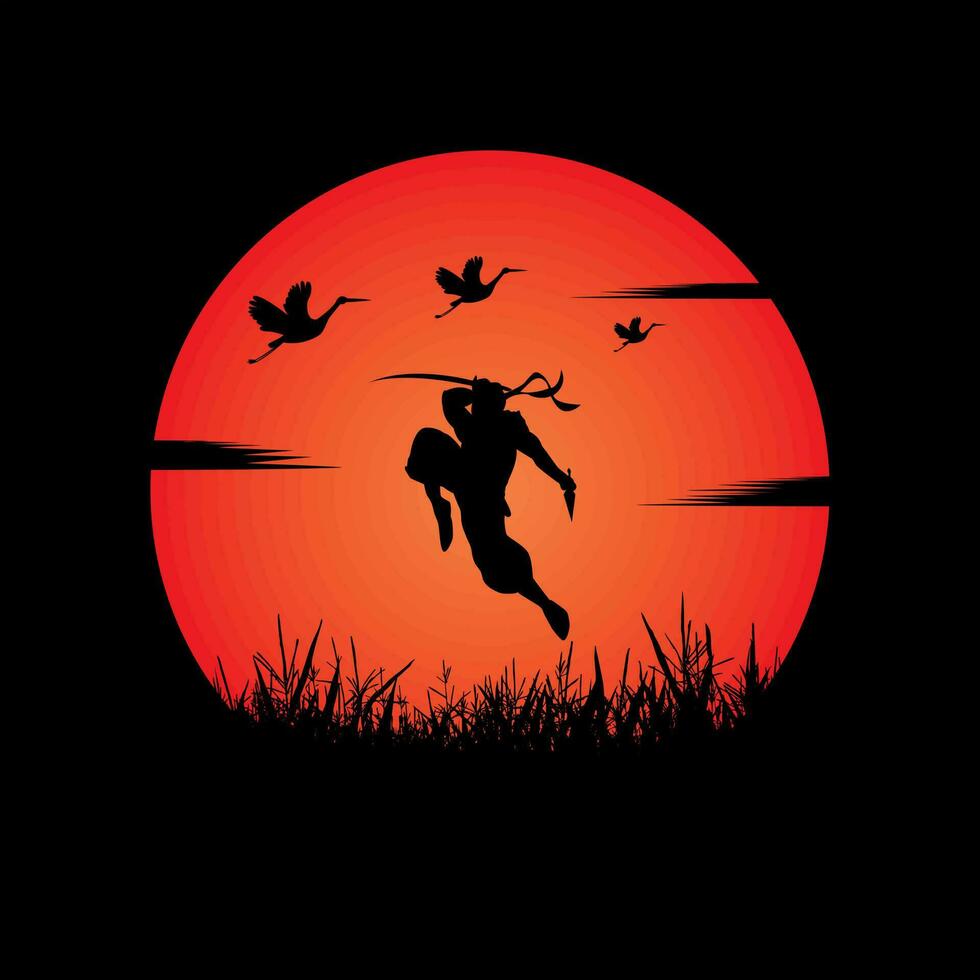 Ninja, Assassin, Samurai training at night on a full moon vector