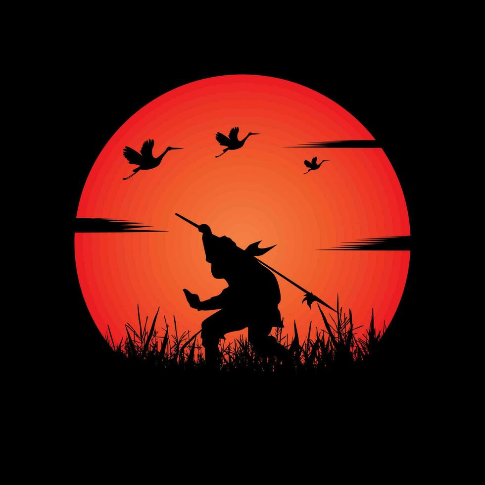 Ninja, Assassin, Samurai training at night on a full moon vector