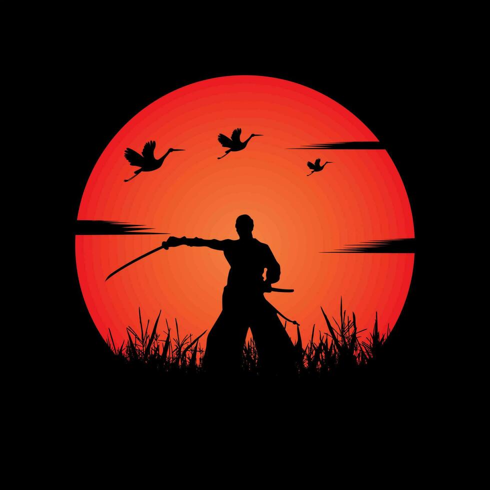 Samurai training at night on a full moon vector