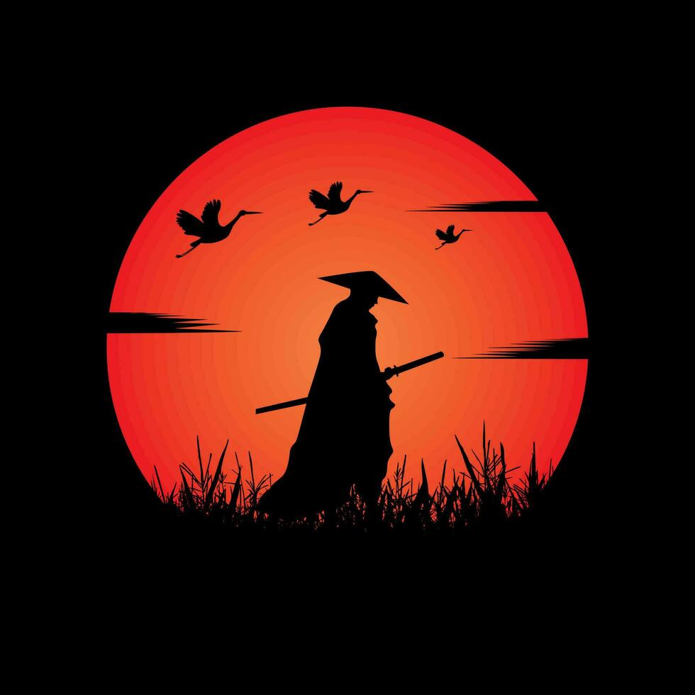 Samurai training at night on a full moon vector