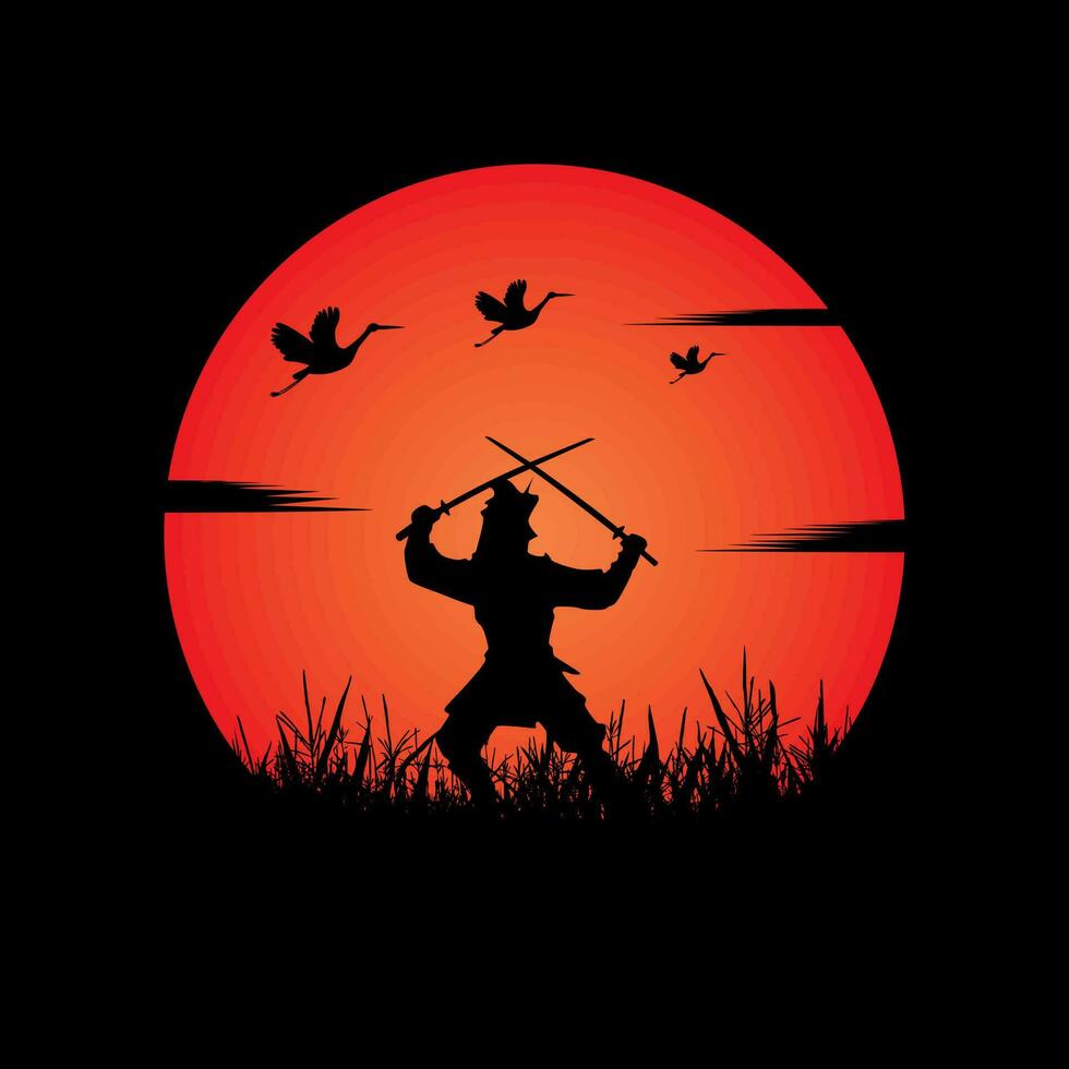 Samurai training at night on a full moon vector