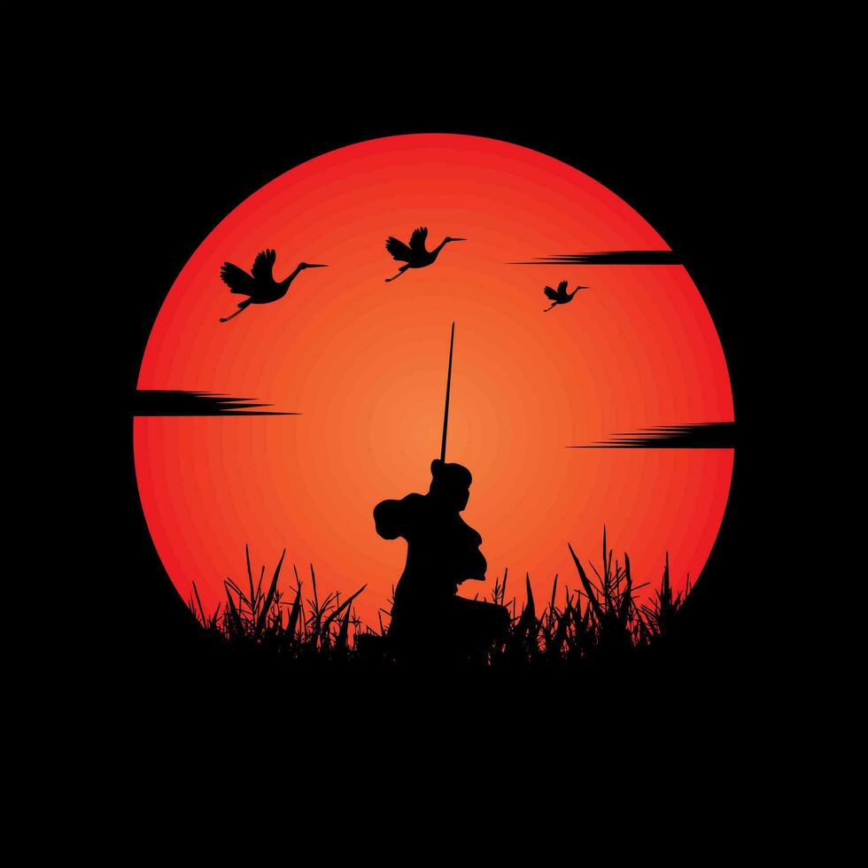 Samurai training at night on a full moon vector
