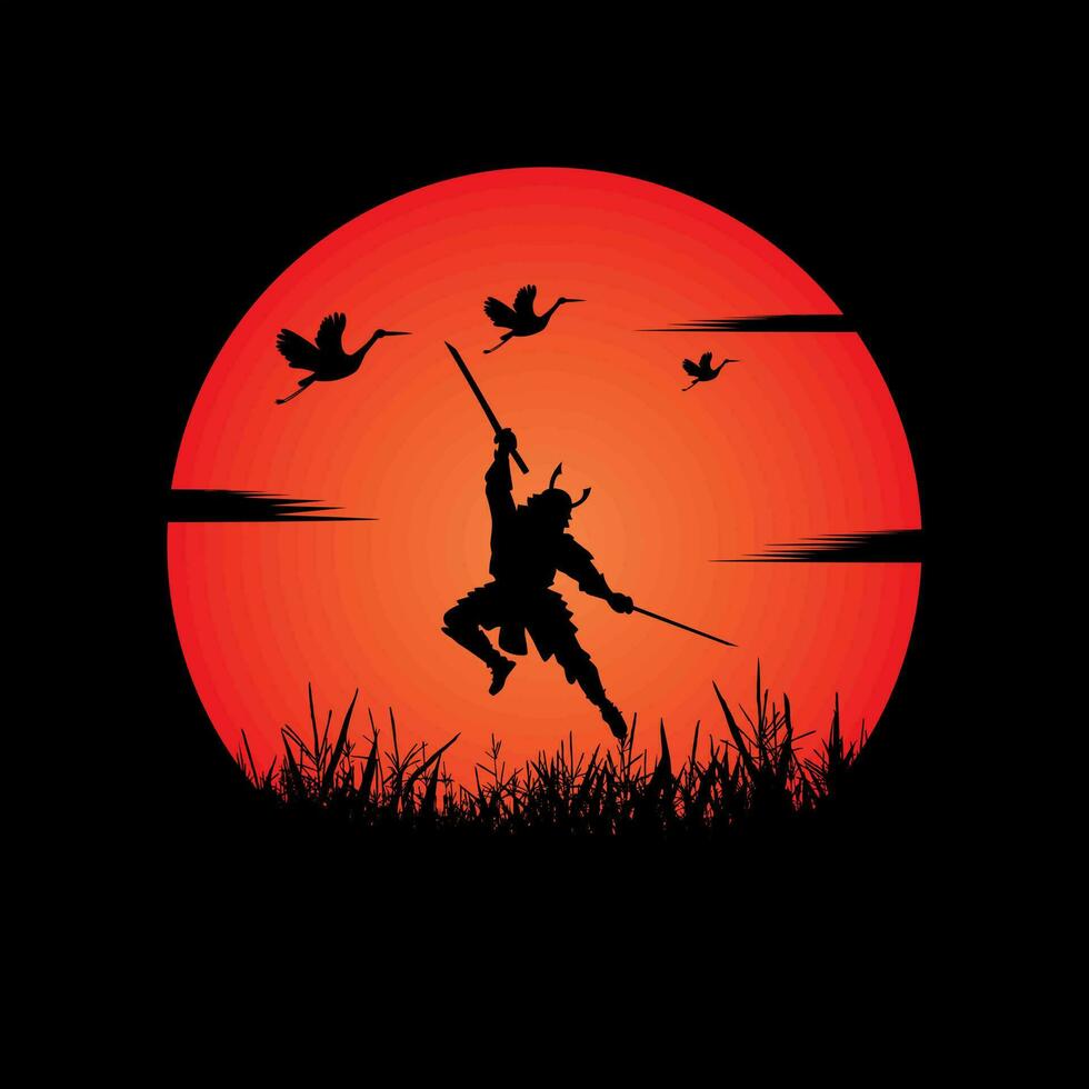 Samurai training at night on a full moon vector
