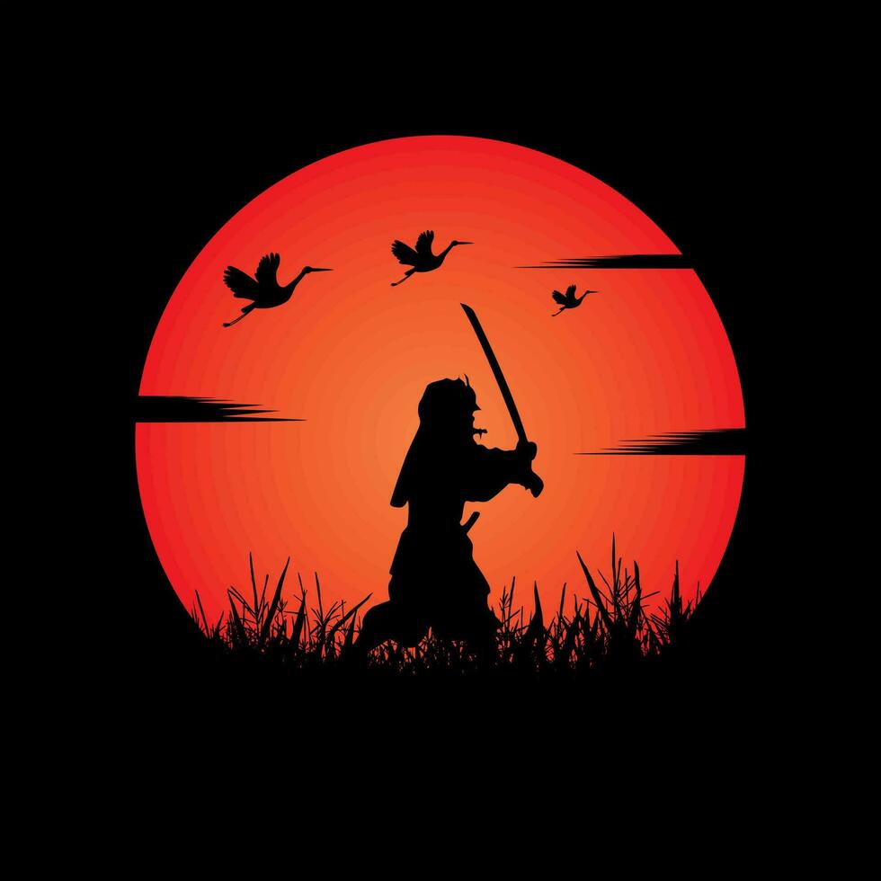 Samurai training at night on a full moon vector