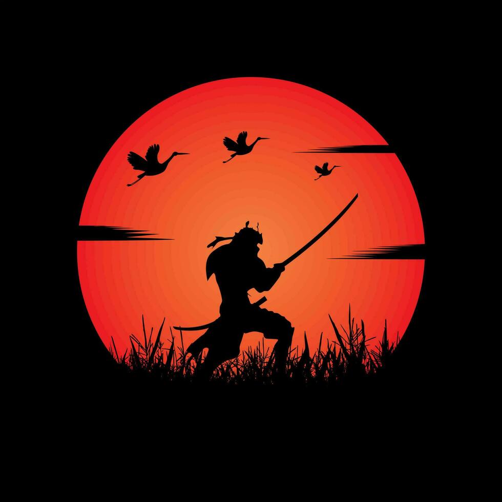 Samurai training at night on a full moon vector