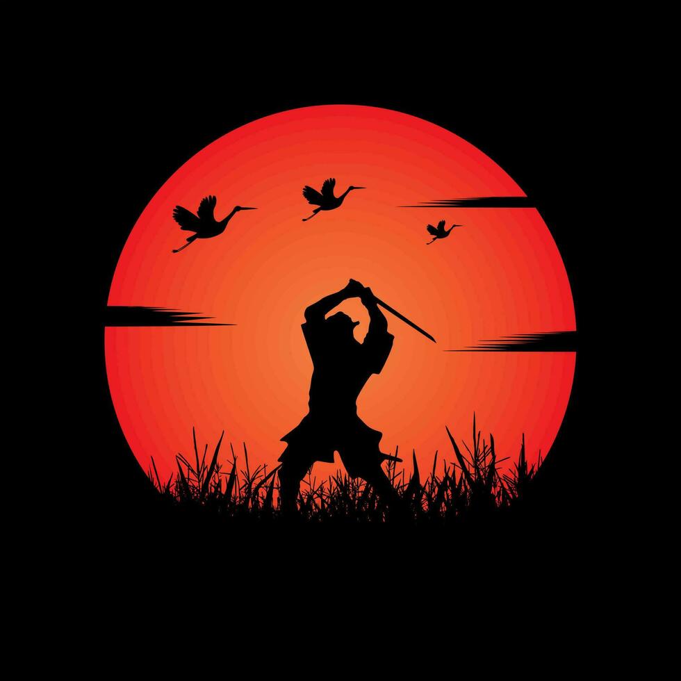 Samurai training at night on a full moon vector