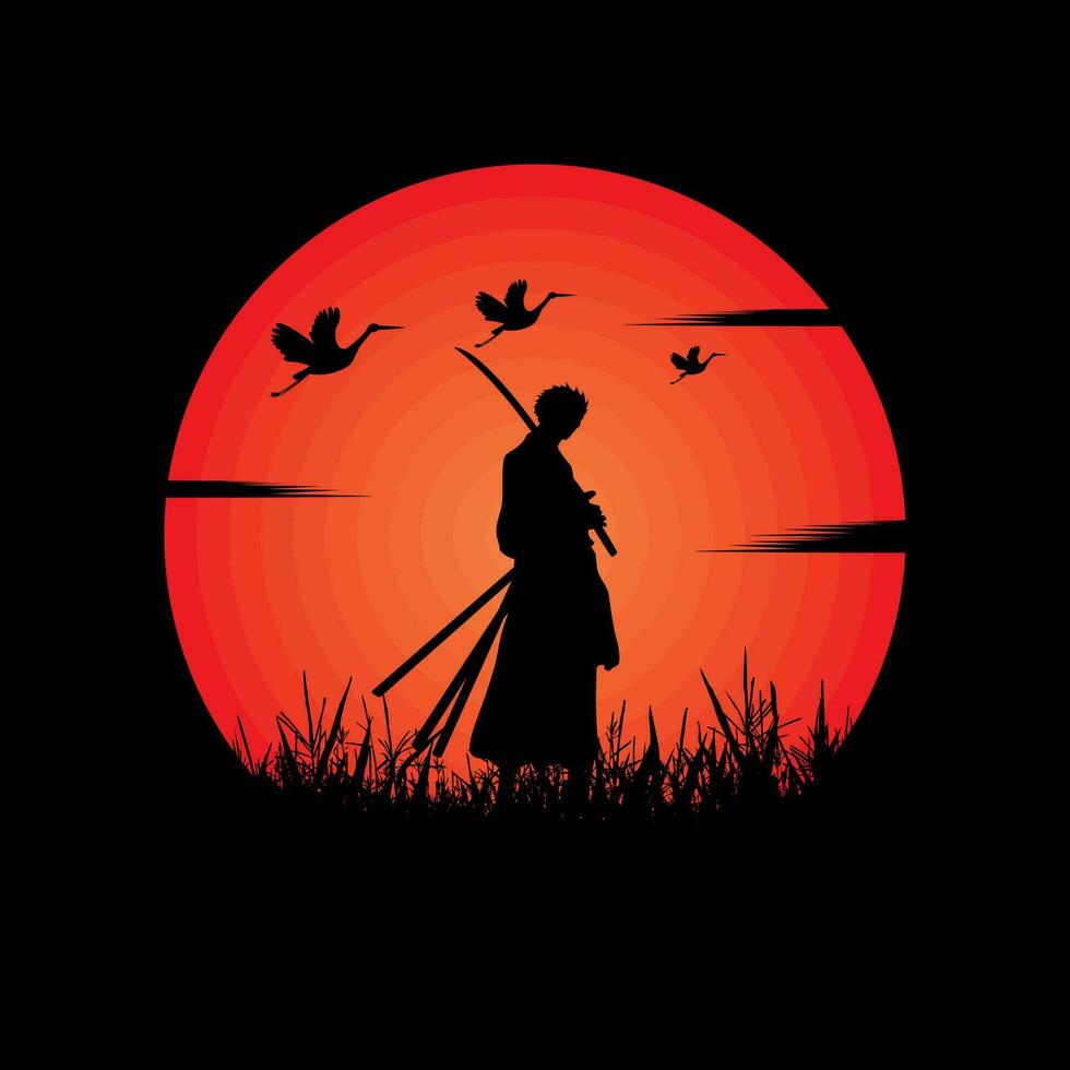 illustration vector graphic of Samurai training at night on a full moon. Perfect for wallpaper, poster, etc. Illustration vector style, Colorful view background, One Piece, Roronoa Zoro