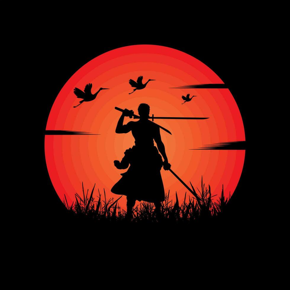 illustration vector graphic of Samurai training at night on a full moon. Perfect for wallpaper, poster, etc. Illustration vector style, Colorful view background, One Piece, Roronoa Zoro