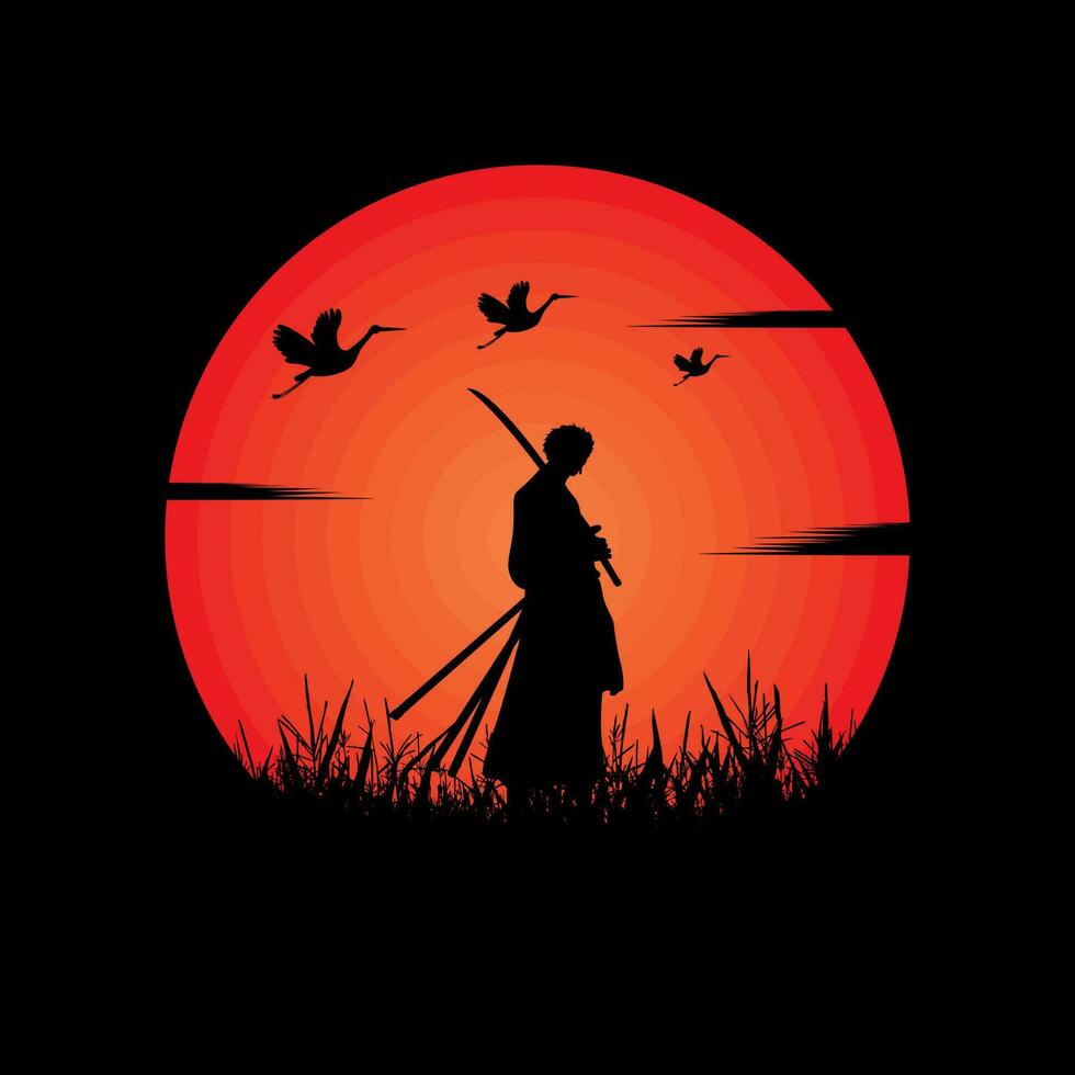 illustration vector graphic of Samurai training at night on a full moon. Perfect for wallpaper, poster, etc. Illustration vector style, Colorful view background, One Piece, Roronoa Zoro