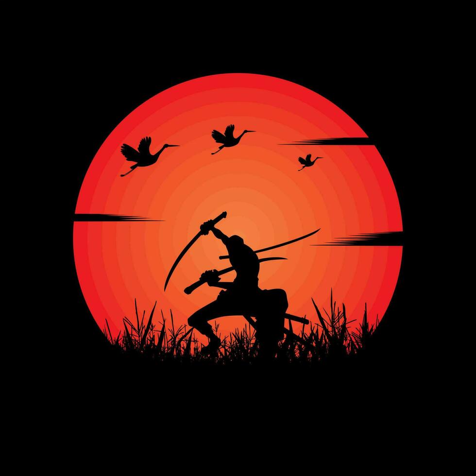 illustration vector graphic of Samurai training at night on a full moon. Perfect for wallpaper, poster, etc. Illustration vector style, Colorful view background, One Piece, Roronoa Zoro