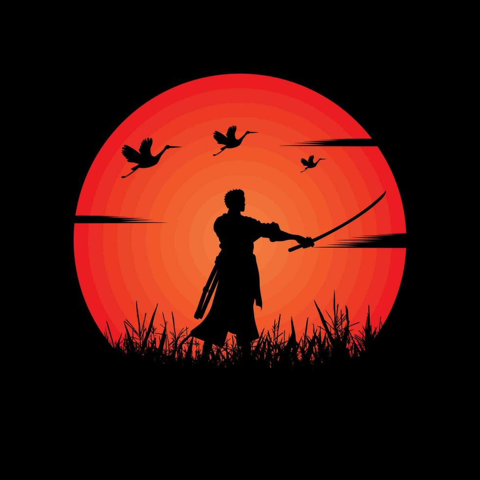 illustration vector graphic of Samurai training at night on a full moon. Perfect for wallpaper, poster, etc. Illustration vector style, Colorful view background, One Piece, Roronoa Zoro