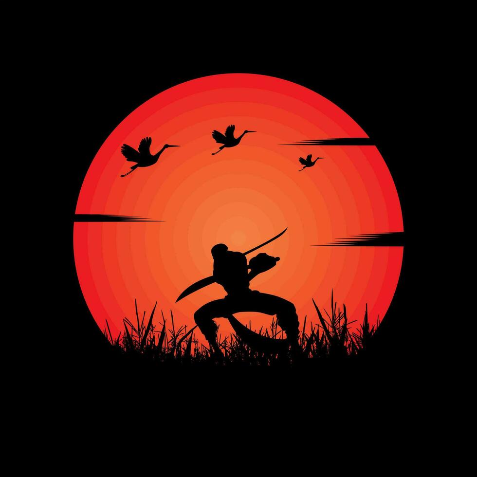 illustration vector graphic of Samurai training at night on a full moon. Perfect for wallpaper, poster, etc. Illustration vector style, Colorful view background, One Piece, Roronoa Zoro