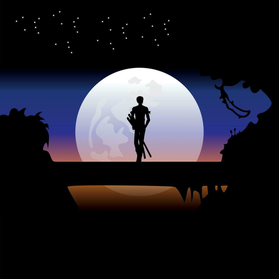 illustration vector graphic of Samurai training at night on a full moon. Perfect for wallpaper, poster, etc. Illustration vector style, Colorful view background, One Piece, Roronoa Zoro