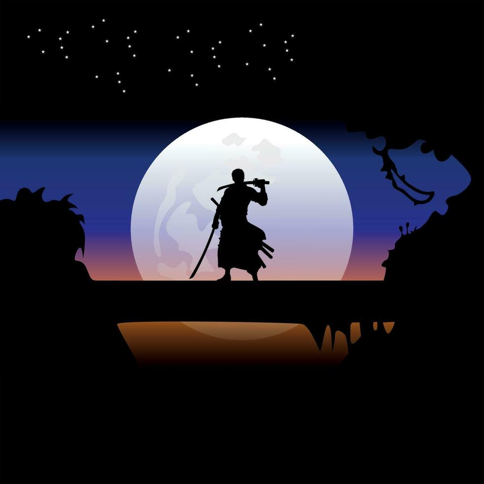 illustration vector graphic of Samurai training at night on a full moon. Perfect for wallpaper, poster, etc. Illustration vector style, Colorful view background, One Piece, Roronoa Zoro