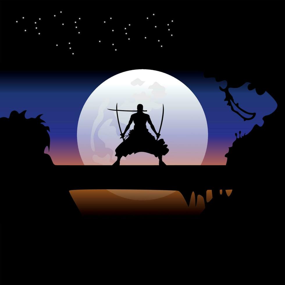 illustration vector graphic of Samurai training at night on a full moon. Perfect for wallpaper, poster, etc. Illustration vector style, Colorful view background, One Piece, Roronoa Zoro