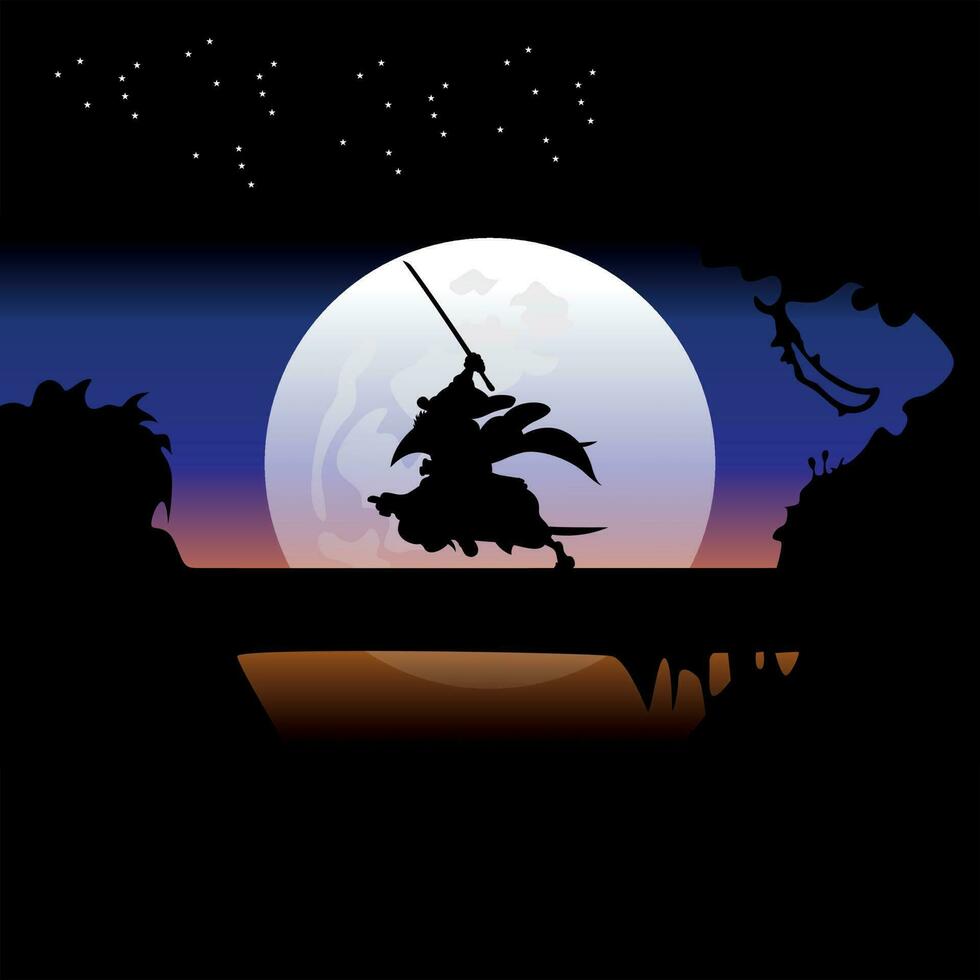 illustration vector graphic of Samurai training at night on a full moon. Perfect for wallpaper, poster, etc. Illustration vector style, Colorful view background, One Piece, Roronoa Zoro