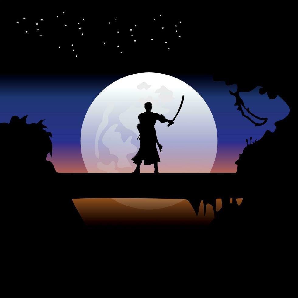 illustration vector graphic of Samurai training at night on a full moon. Perfect for wallpaper, poster, etc. Illustration vector style, Colorful view background, One Piece, Roronoa Zoro