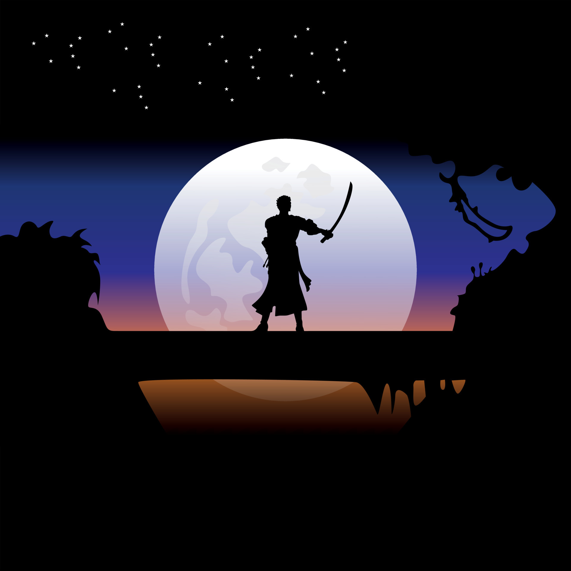 illustration vector graphic of Samurai training at night on a full moon.  Perfect for wallpaper, poster, etc. Illustration vector style, Colorful  view background, One Piece, Roronoa Zoro 23411363 Vector Art at Vecteezy