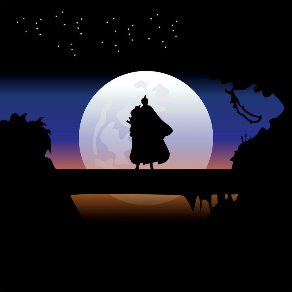illustration vector graphic of Samurai training at night on a full moon. Perfect for wallpaper, poster, etc. Illustration vector style, Colorful view background, One Piece, Roronoa Zoro