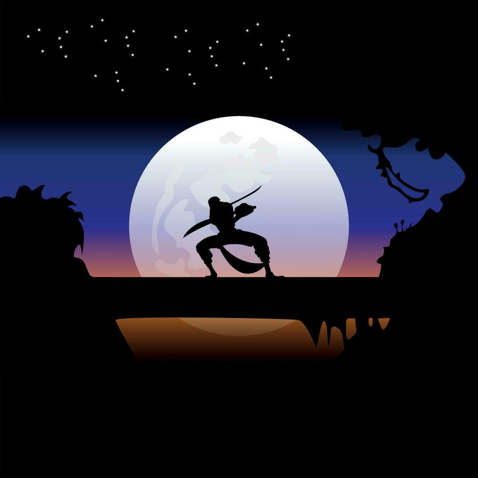 illustration vector graphic of Samurai training at night on a full moon. Perfect for wallpaper, poster, etc. Illustration vector style, Colorful view background, One Piece, Roronoa Zoro