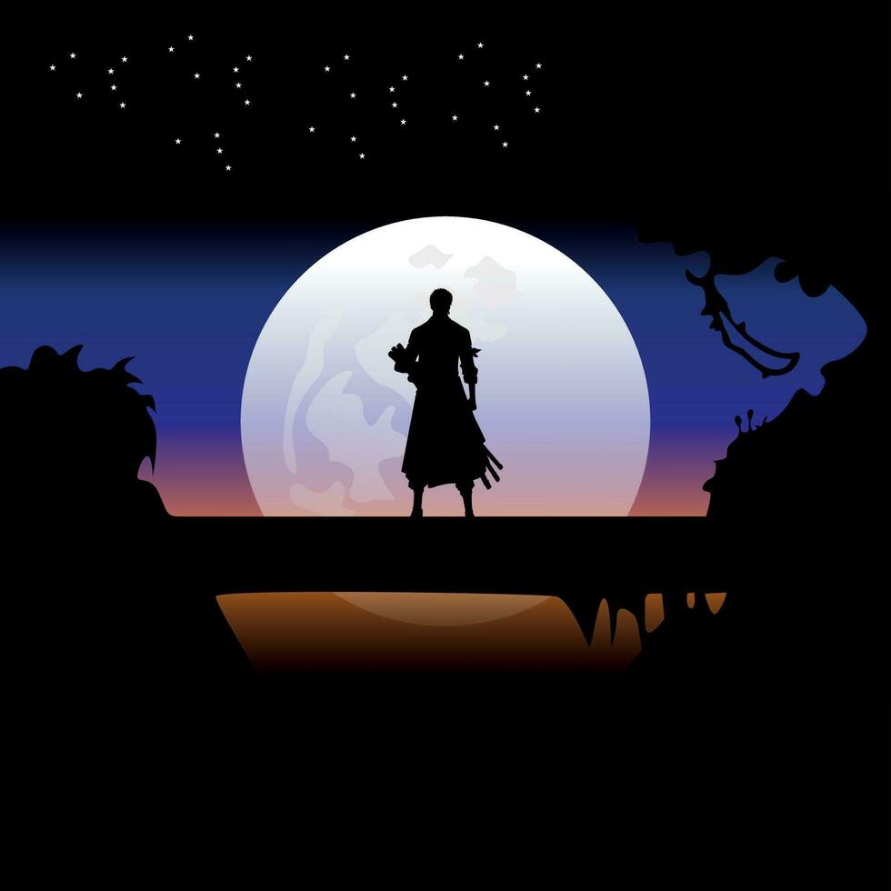 ilustración vector gráfico de samurai formación a noche en un lleno Luna. Perfecto para fondo de pantalla, póster, etc. ilustración vector estilo, vistoso ver fondo, uno pedazo, roronoa zoro