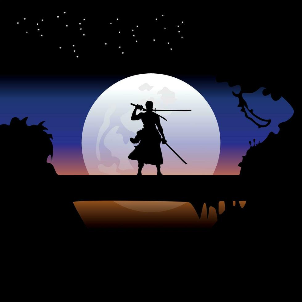 illustration vector graphic of Samurai training at night on a full moon. Perfect for wallpaper, poster, etc. Illustration vector style, Colorful view background, One Piece, Roronoa Zoro