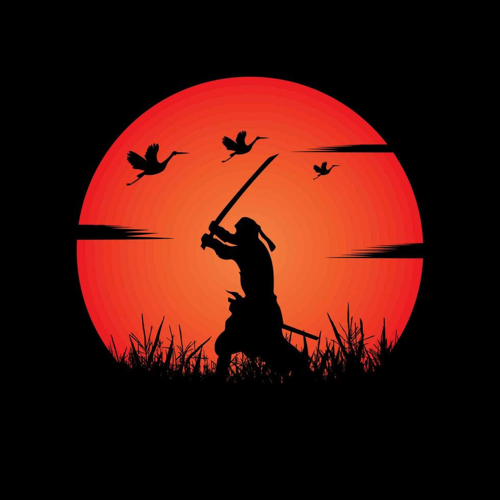 Samurai training at night on a full moon vector