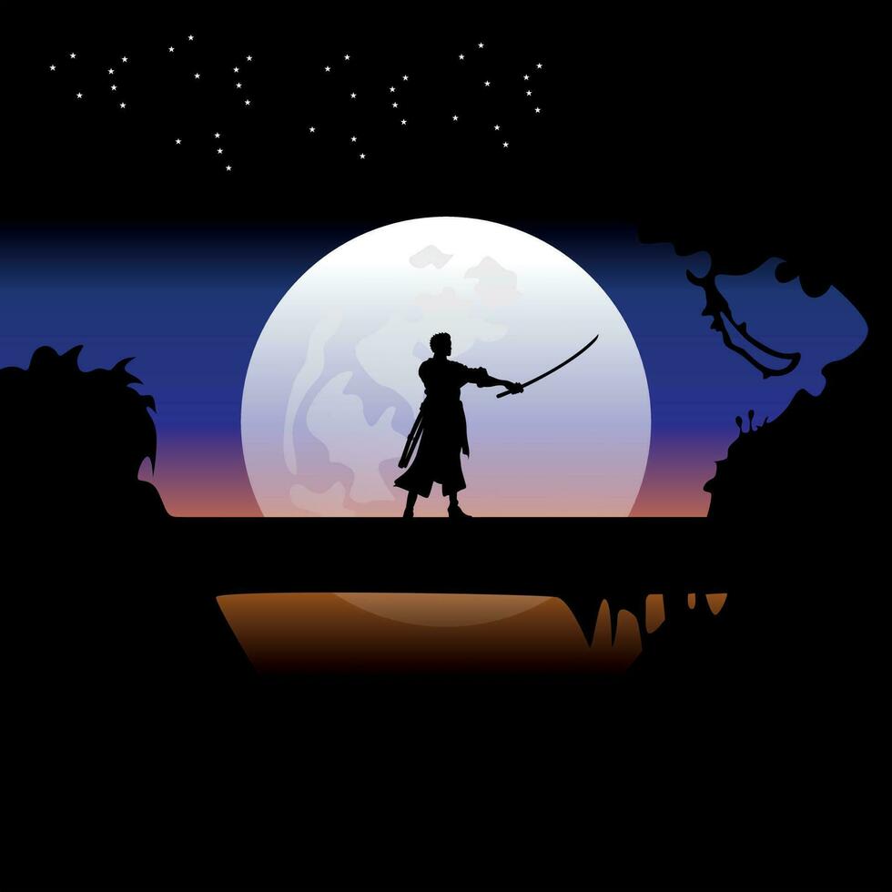 illustration vector graphic of Samurai training at night on a full moon. Perfect for wallpaper, poster, etc. Landscape wallpaper, Illustration vector style, Colorful view background, One Piece