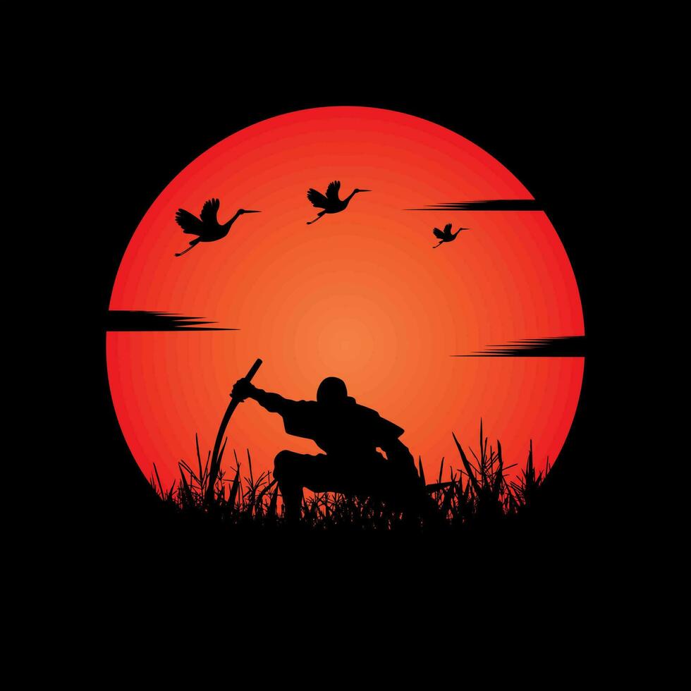 Ninja, Assassin, Samurai training at night on a full moon vector