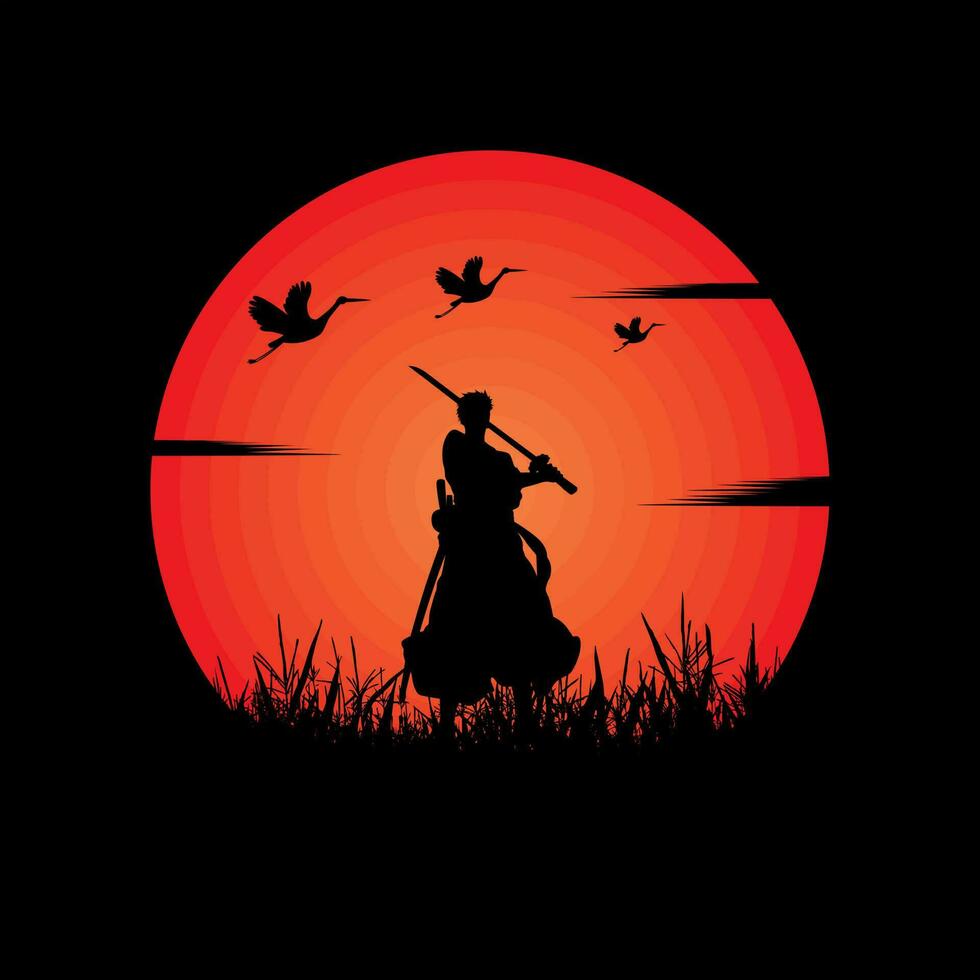 illustration vector graphic of Samurai training at night on a full moon. Perfect for wallpaper, poster, etc. Illustration vector style, Colorful view background, One Piece, Roronoa Zoro