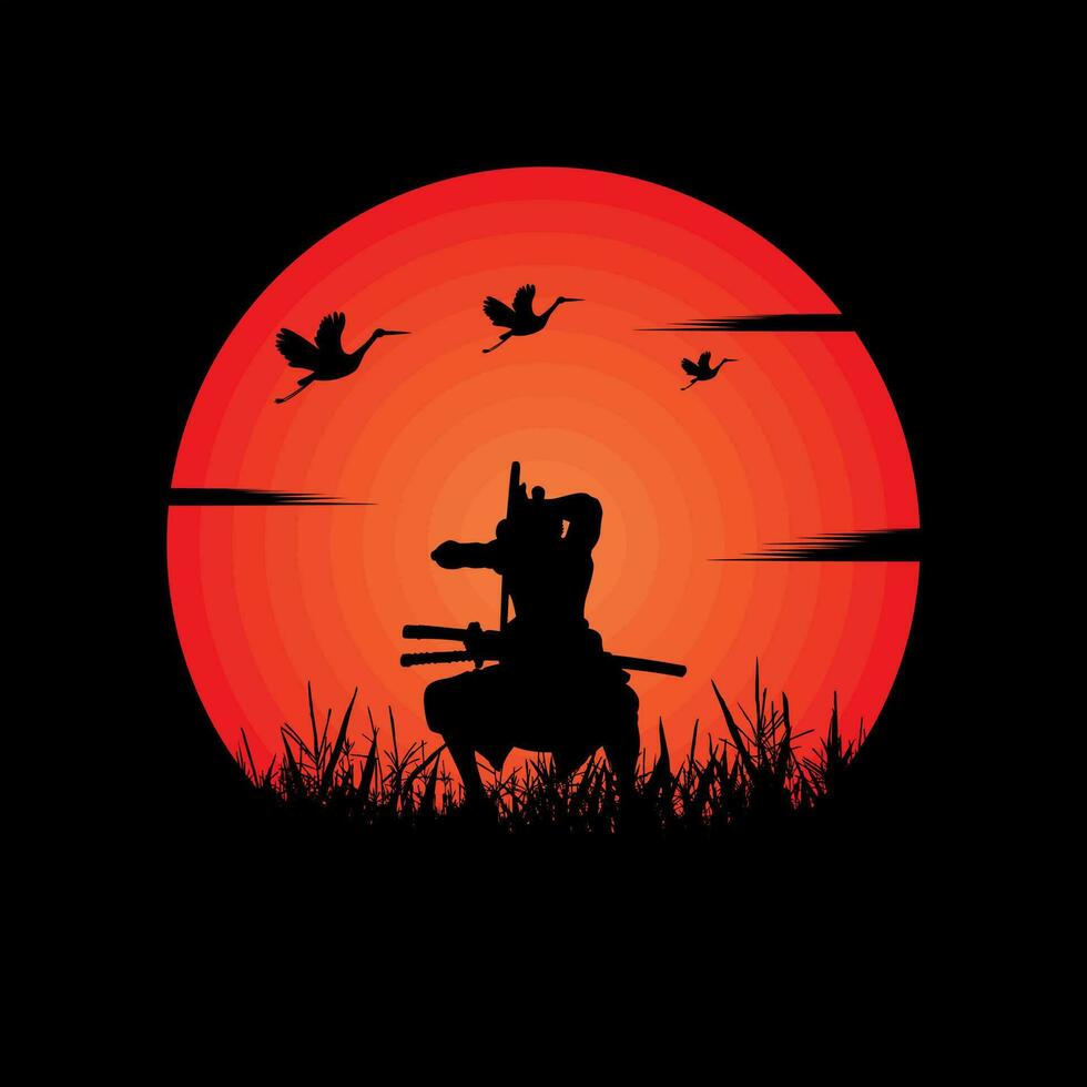 illustration vector graphic of Samurai training at night on a full moon. Perfect for wallpaper, poster, etc. Illustration vector style, Colorful view background, One Piece, Roronoa Zoro