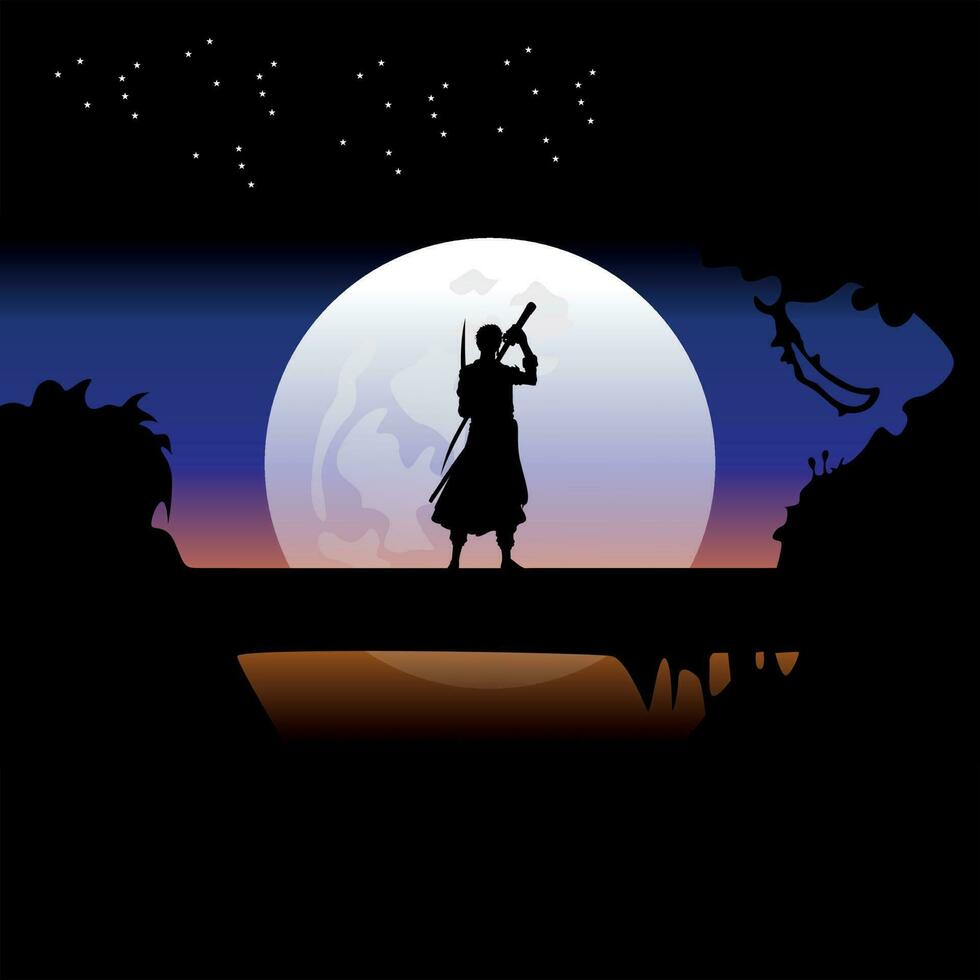 illustration vector graphic of Samurai training at night on a full moon. Perfect for wallpaper, poster, etc. Illustration vector style, Colorful view background, One Piece, Roronoa Zoro