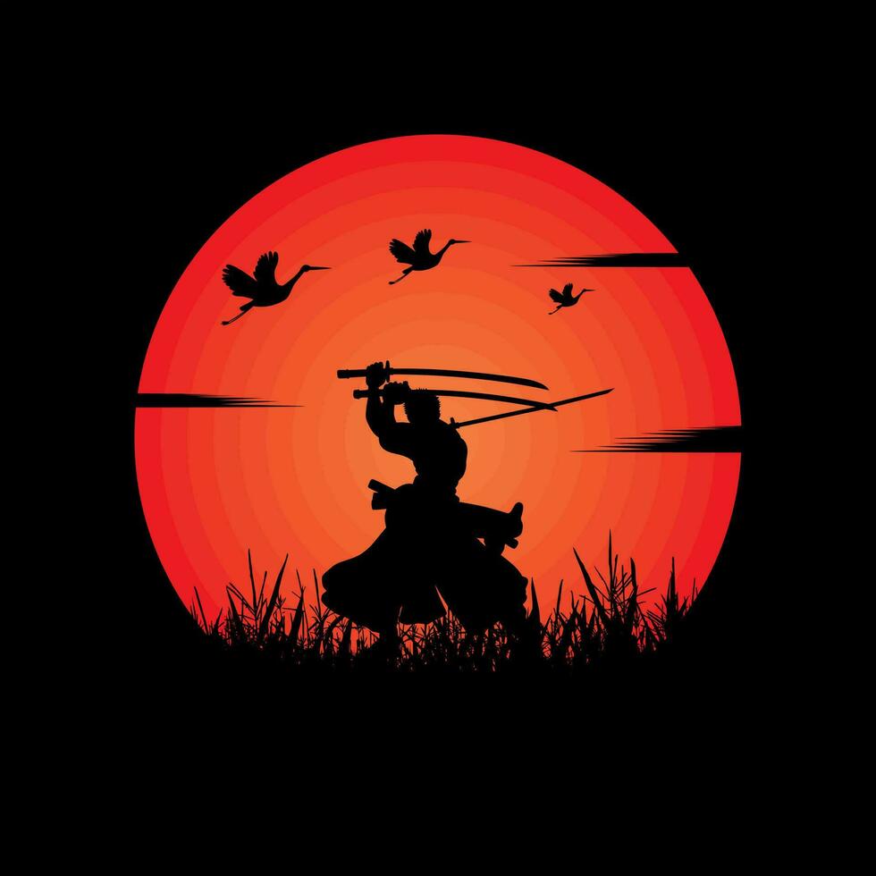 illustration vector graphic of Samurai training at night on a full moon. Perfect for wallpaper, poster, etc. Illustration vector style, Colorful view background, One Piece, Roronoa Zoro