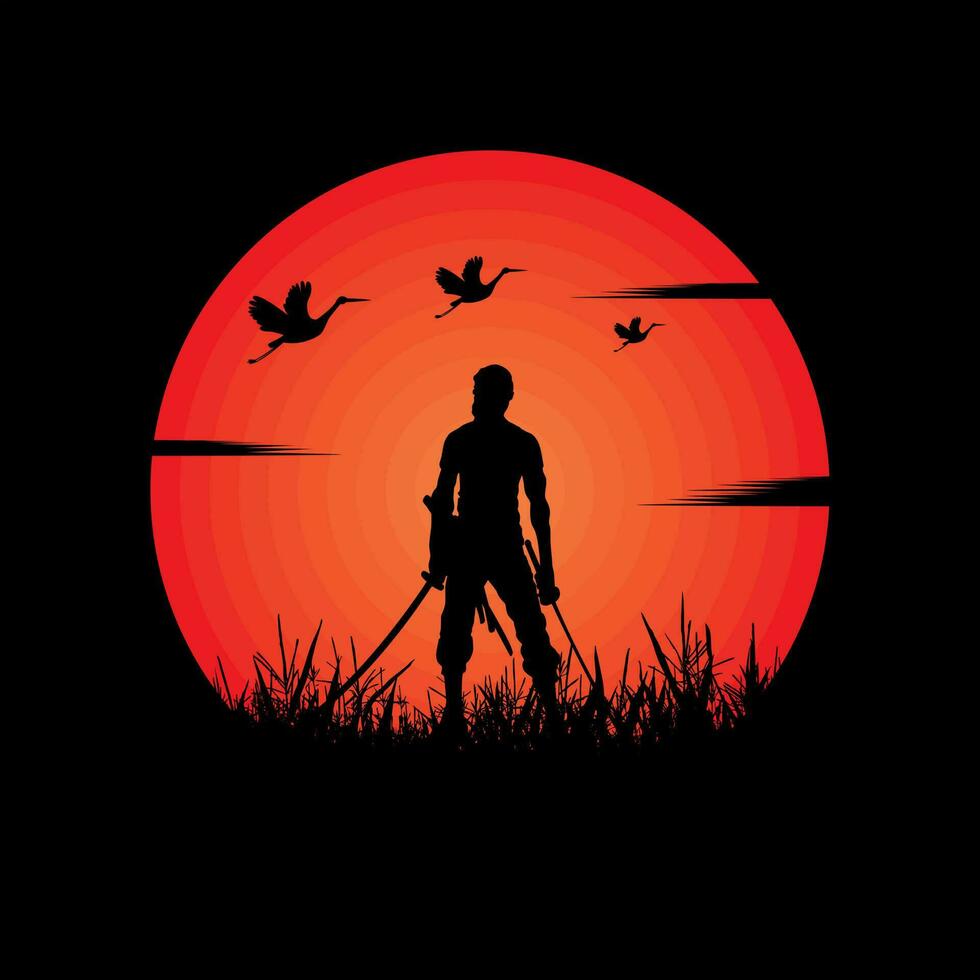 illustration vector graphic of Samurai training at night on a full moon. Perfect for wallpaper, poster, etc. Illustration vector style, Colorful view background, One Piece, Roronoa Zoro