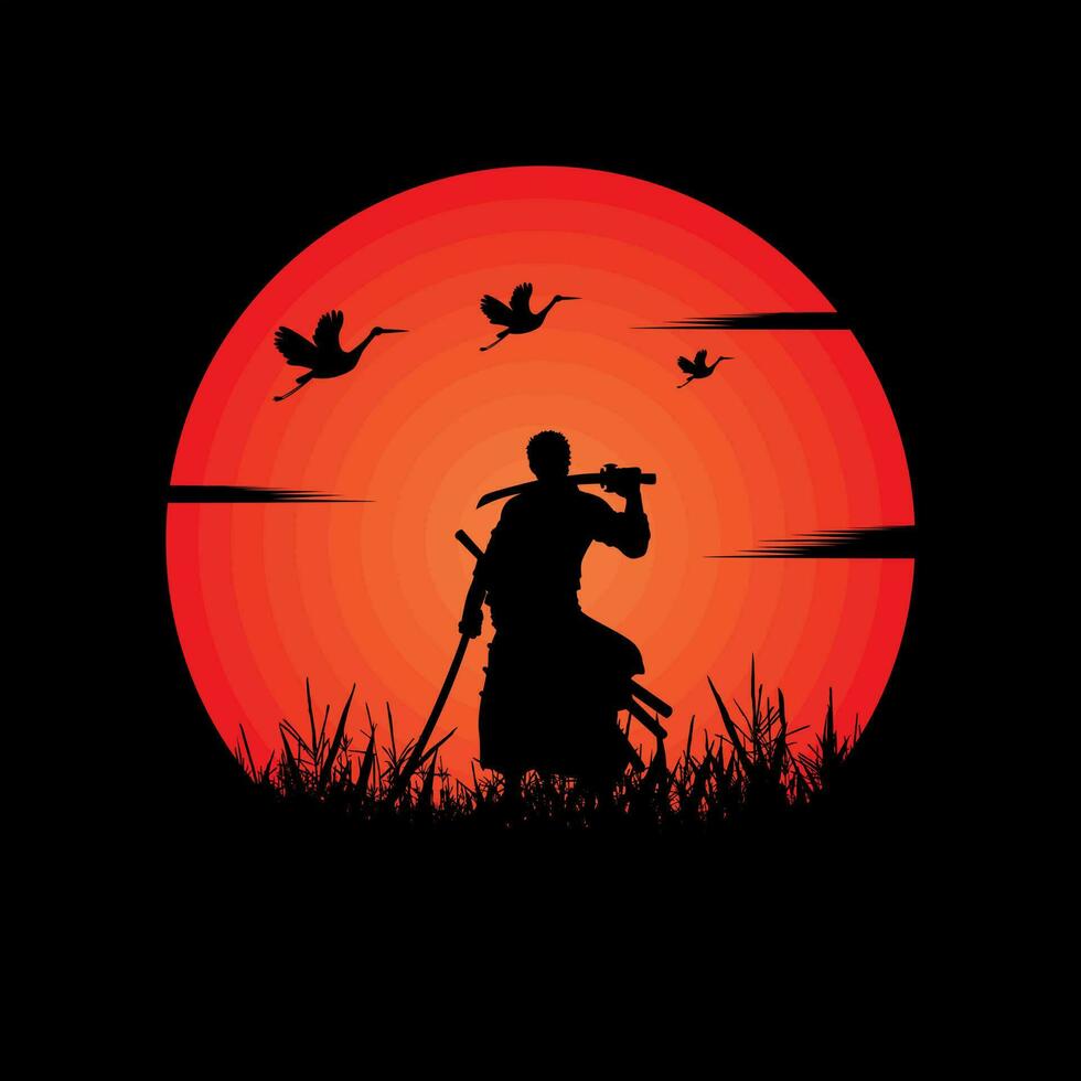 illustration vector graphic of Samurai training at night on a full moon. Perfect for wallpaper, poster, etc. Illustration vector style, Colorful view background, One Piece, Roronoa Zoro