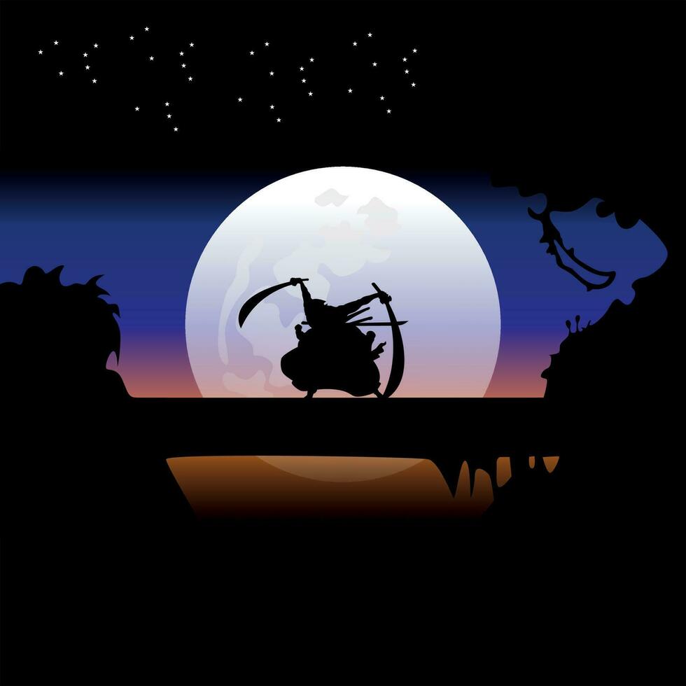illustration vector graphic of Samurai training at night on a full moon. Perfect for wallpaper, poster, etc. Illustration vector style, Colorful view background, One Piece, Roronoa Zoro