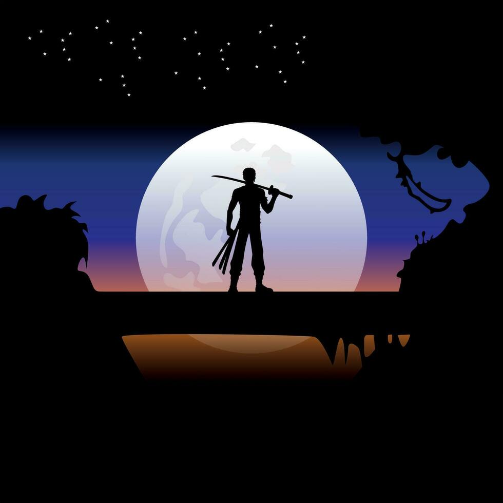 illustration vector graphic of Samurai training at night on a full moon. Perfect for wallpaper, poster, etc. Illustration vector style, Colorful view background, One Piece, Roronoa Zoro