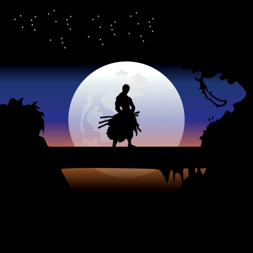 illustration vector graphic of Samurai training at night on a full moon. Perfect for wallpaper, poster, etc. Illustration vector style, Colorful view background, One Piece, Roronoa Zoro