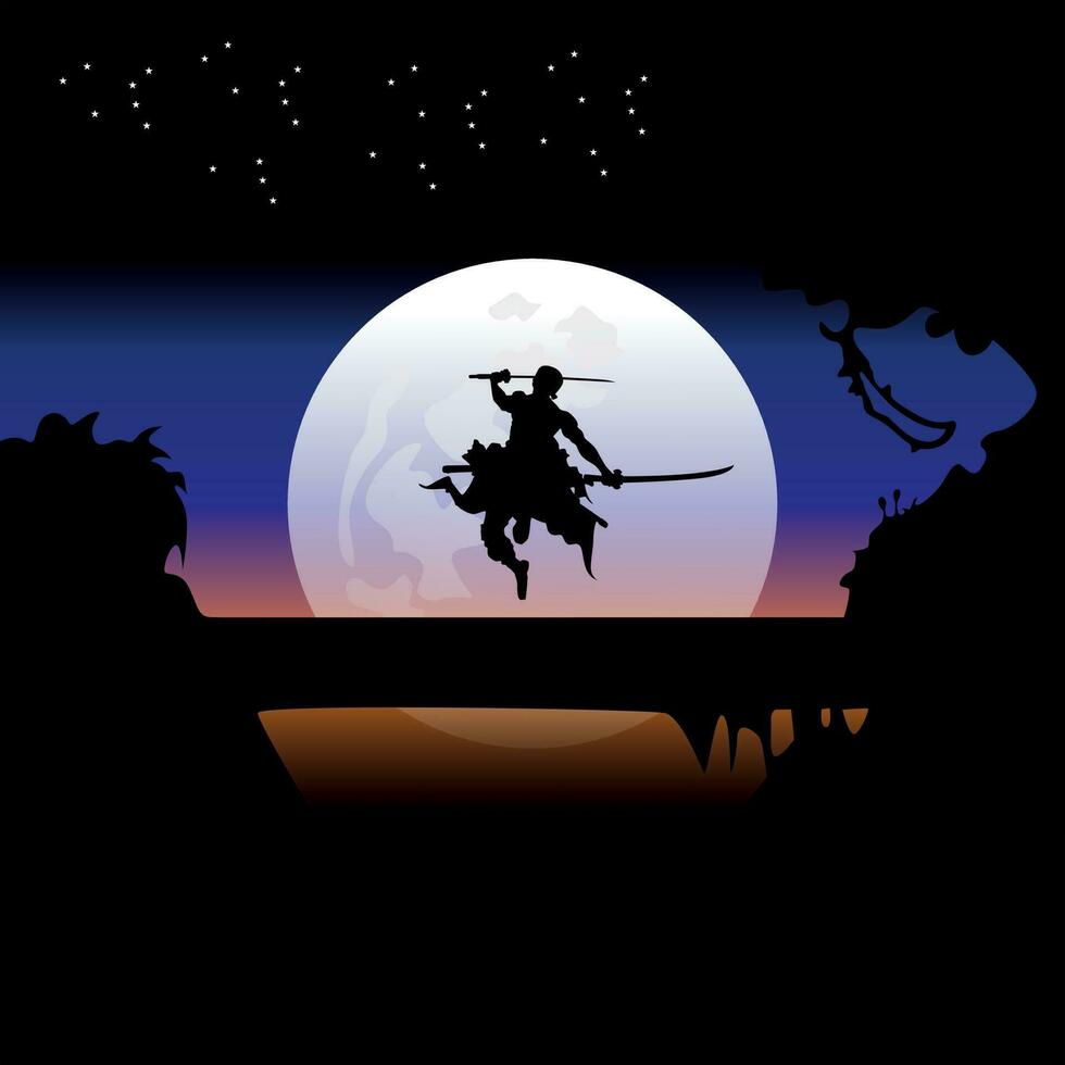 illustration vector graphic of Samurai training at night on a full moon. Perfect for wallpaper, poster, etc. Illustration vector style, Colorful view background, One Piece, Roronoa Zoro